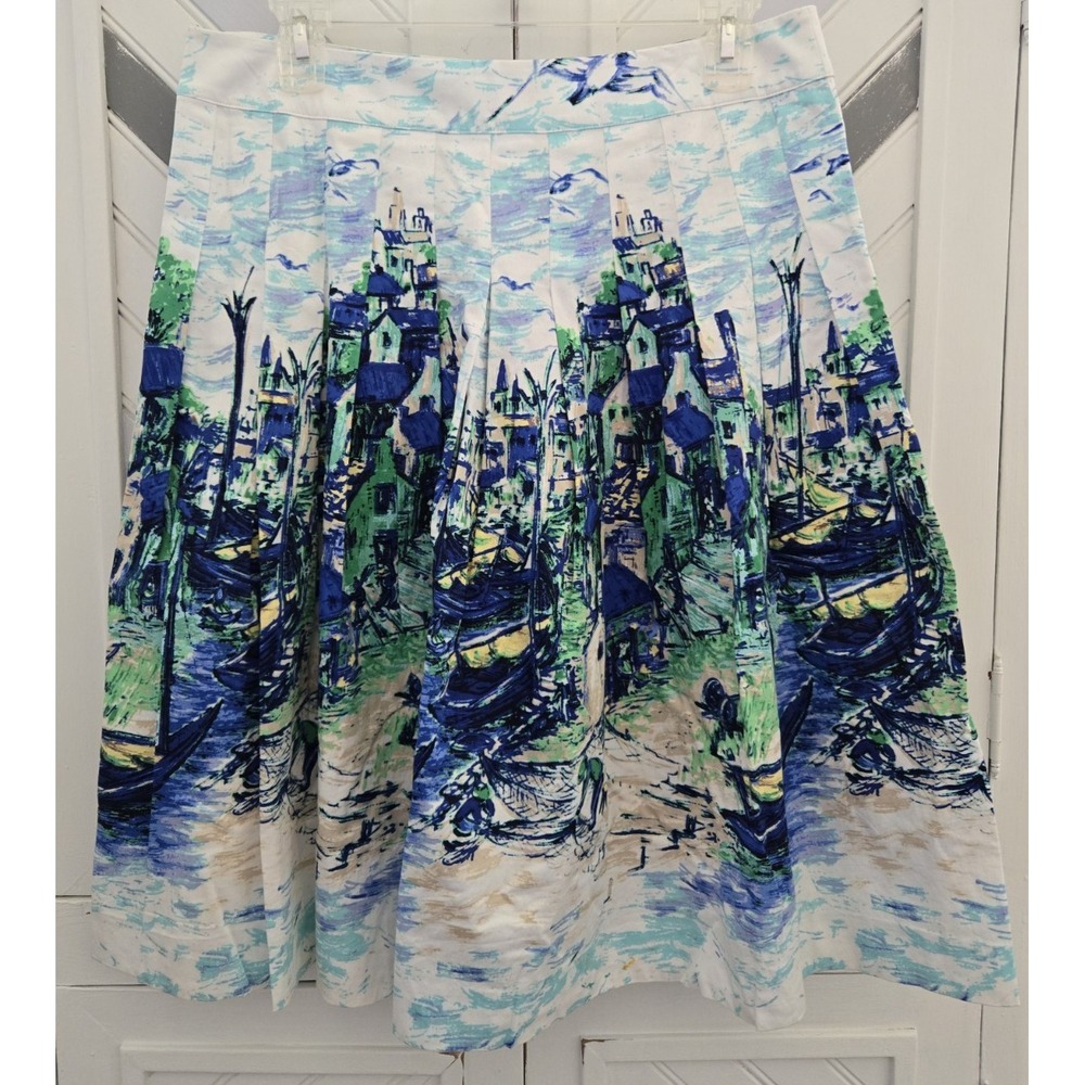 Talbots Women's 6 Blue Green Watercolor Venice Boats City A-Line Pleated Skirt - Picture 3 of 12